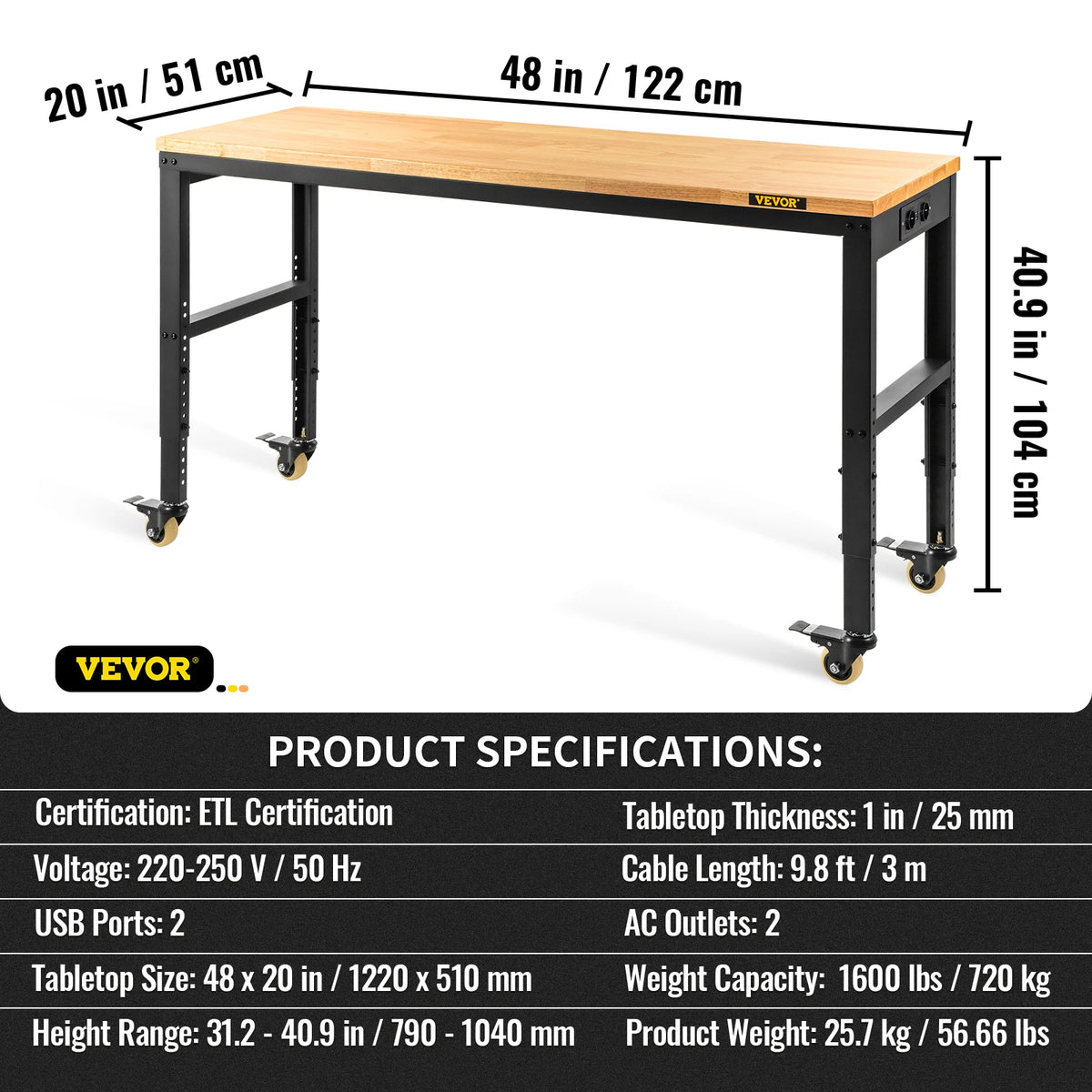 Heavy-Duty Workbench 72cm Adjustable Height Oak Wood Hardwood Top Table
