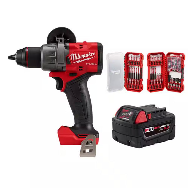 M18 FUEL 18V Lith-Ion Brushless Cordless 1/2 In. Hammer Drill/Driver W/ 5.0 Ah Battery & Screwdriver Bit Set