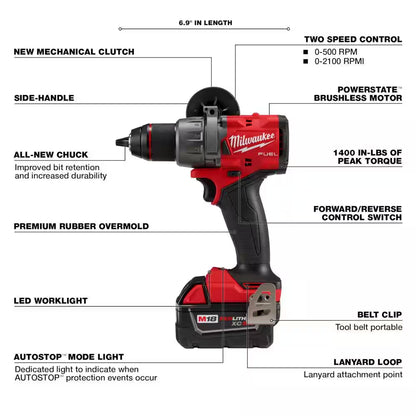 M18 FUEL 18V Lithium-Ion Brushless Cordless 1/2 In. Drill/Driver Kit with (3) 5.0Ah Batteries, Charger and Hard Case