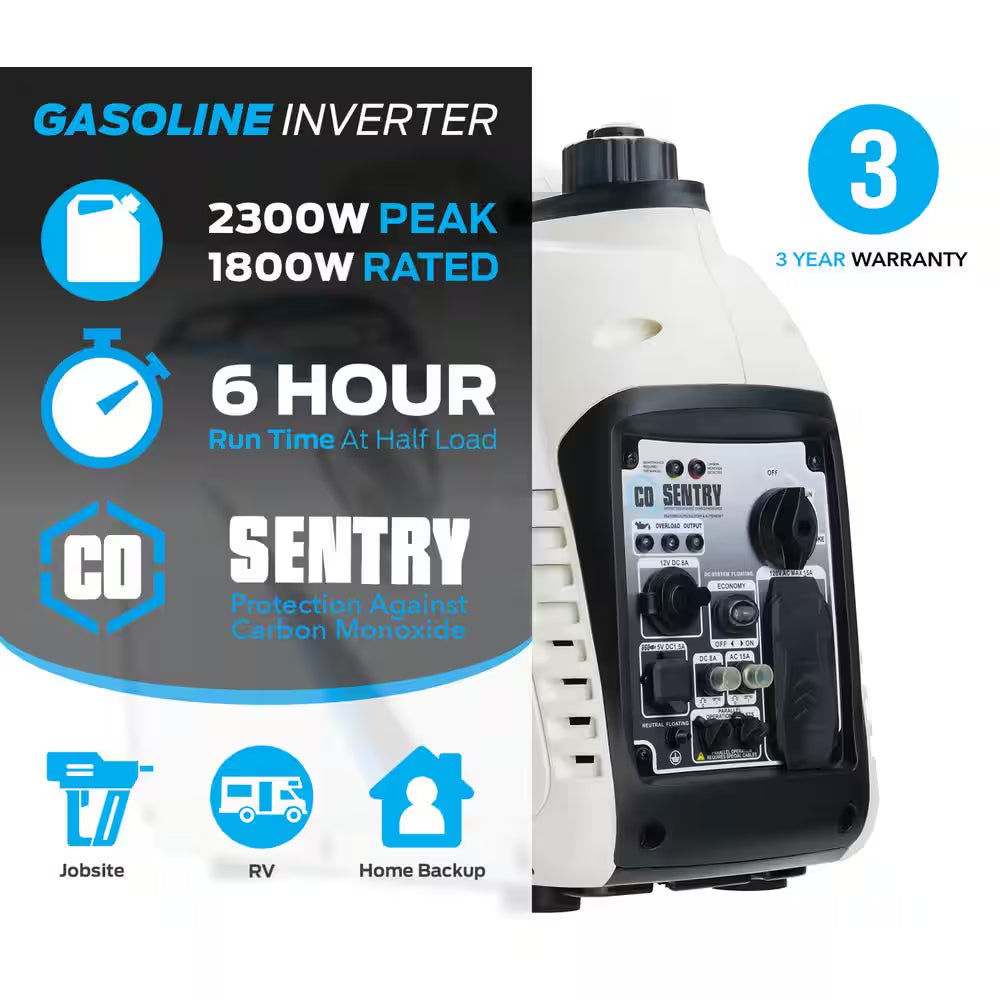 2,300-Watt/1,800-Watt Recoil Start Super Quiet Gasoline Powered Portable Inverter Generator with Advanced CO Shutoff