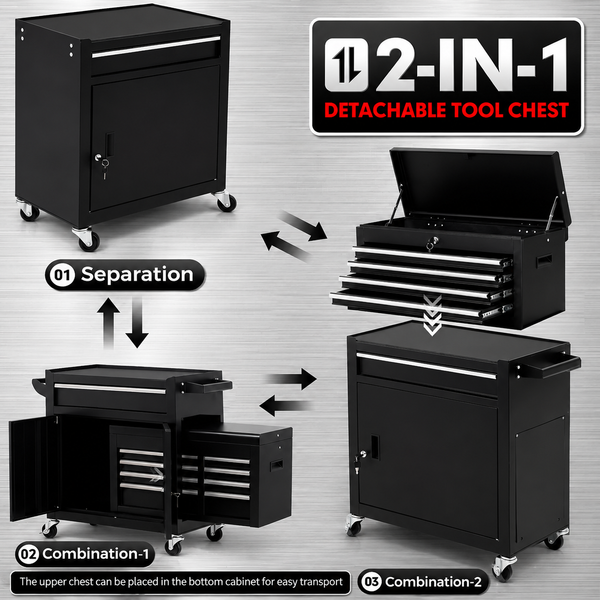 5-Drawer Rolling Tool Cabinet with Lockable Detachable Toolbox, Mobile Steel Storage Cart with Swivel Wheels