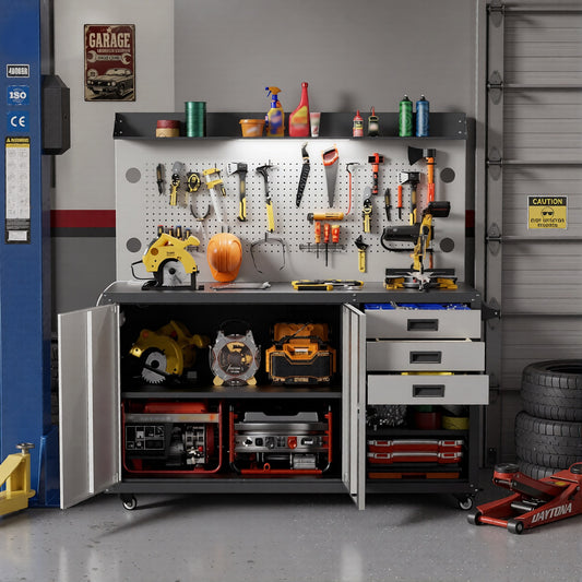 55-Inch Heavy-Duty Rolling Workbench with Pegboard, LED Light & Power Outlet, Garage Tool Storage Cabinet