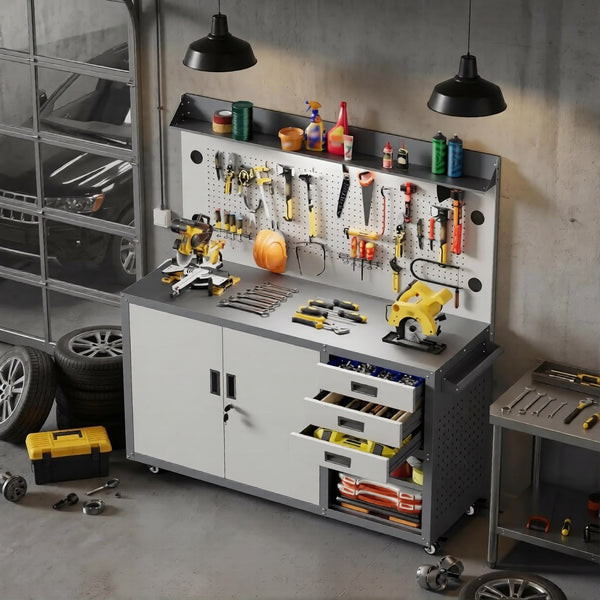 55-Inch Heavy-Duty Rolling Workbench with Pegboard, LED Light & Power Outlet, Garage Tool Storage Cabinet