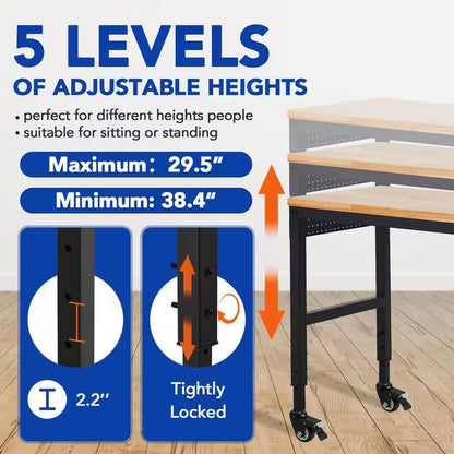 72 In. X 25 In. Adjustable Workbench 2000 Lbs. Load Capacity, Height 29.5 In. -38.4 In. Solid Wood Top Carbon Steel Legs