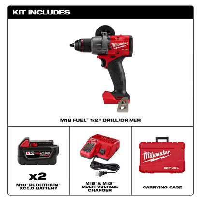 M18 FUEL 18V Lithium-Ion Brushless Cordless 1/2 In. Drill/Driver Kit with (3) 5.0Ah Batteries, Charger and Hard Case