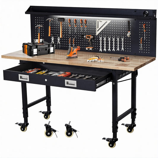 Adjustable 60x22 Inch Garage Workbench with Drawer & Pegboard, Rubberwood Top Work Benches with Wheels & Power Outlet