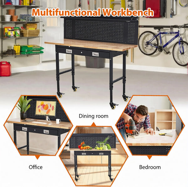Adjustable 60x22 Inch Garage Workbench with Drawer & Pegboard, Rubberwood Top Work Benches with Wheels & Power Outlet