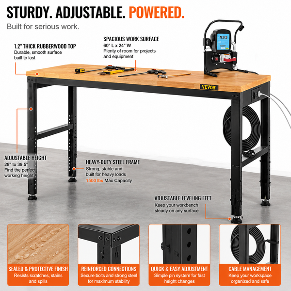 Heavy-Duty Workbench 72cm Adjustable Height Oak Wood Hardwood Top Table