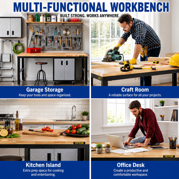 Heavy-Duty Workbench 72cm Adjustable Height Oak Wood Hardwood Top Table