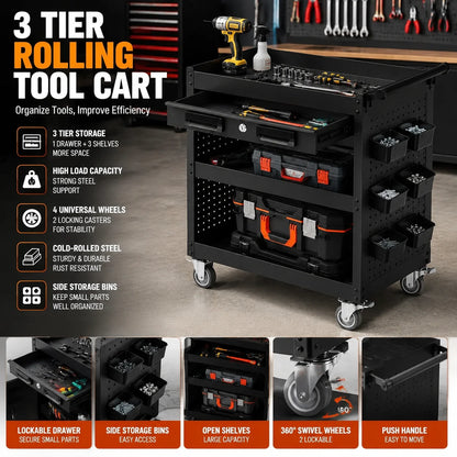 27-Inch Rolling Tool Cart, 3-Tier Steel Utility Cabinet with Drawer and Locking Casters for Garage & Workshop