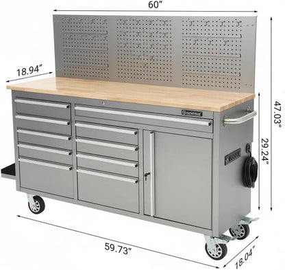 Tacleekii 61-Inch 10-Drawer Rolling Tool Chest with Rubber Wood Workbench Top, Power Strip & 1675 lb Capacity