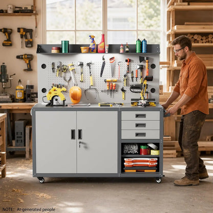 55-Inch Heavy-Duty Rolling Workbench with Pegboard, LED Light & Power Outlet, Garage Tool Storage Cabinet
