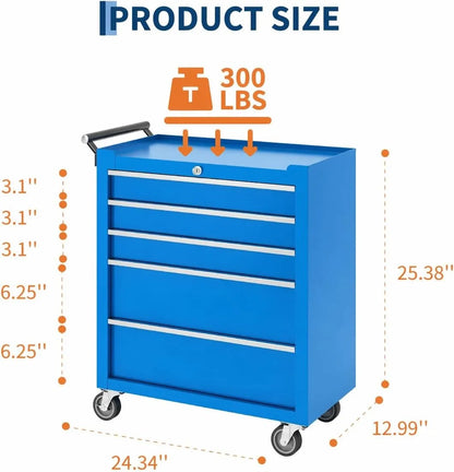 5-Drawer Rolling Tool Chest with Locking Cabinet, Metal Tool Storage Cart on Wheels for Garage & Workshop