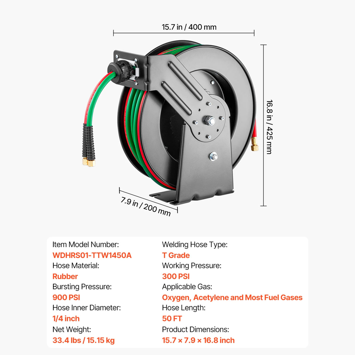 Retractable Welding Hose Reel, 1/4 in. x 50 ft. Twin Oxygen Acetylene Hose, 300 PSI T-Grade