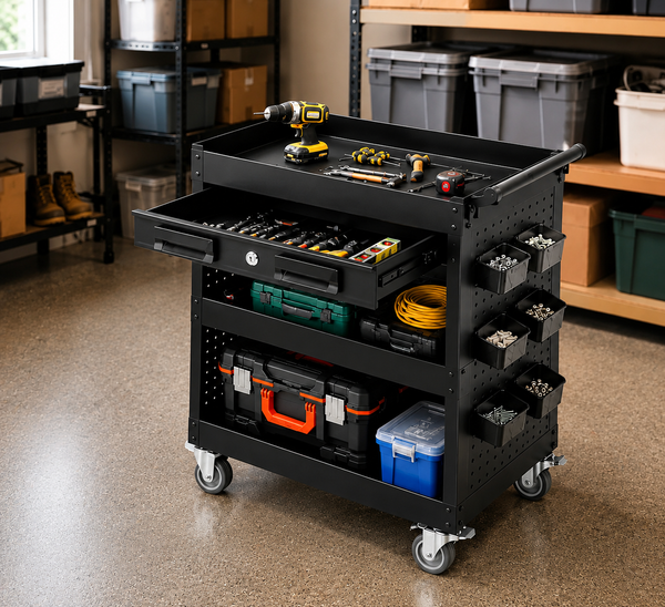 27-Inch Rolling Tool Cart, 3-Tier Steel Utility Cabinet with Drawer and Locking Casters for Garage & Workshop