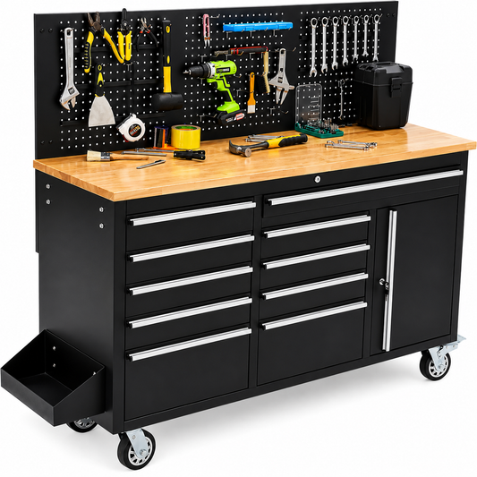 Tacleekii 61-Inch 10-Drawer Rolling Tool Chest with Rubber Wood Workbench Top, Power Strip & 1675 lb Capacity