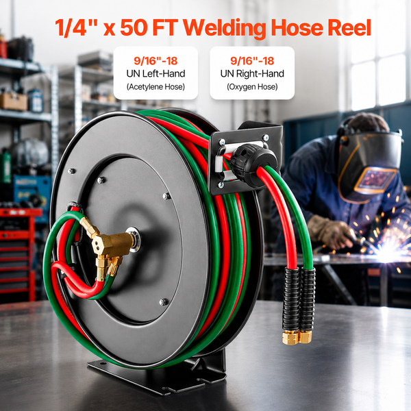 Retractable Welding Hose Reel, 1/4 in. x 50 ft. Twin Oxygen Acetylene Hose, 300 PSI T-Grade