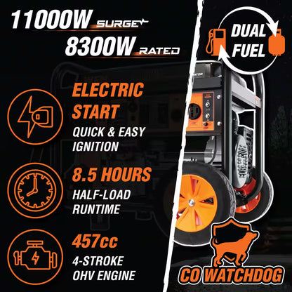 4,750-Watt 120V/240V Dual Fuel Portable Gas/Propane Generator with Wheel Kit, Electric Start and CO Watchdog