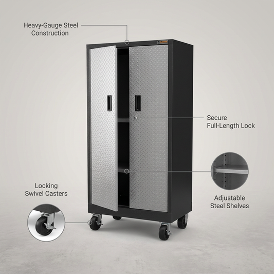 Premier Series Pre-Assembled Steel Freestanding Garage Cabinet in Silver with Casters (30 In. W X 65 In. H X 18 In. D) — Lifestyle