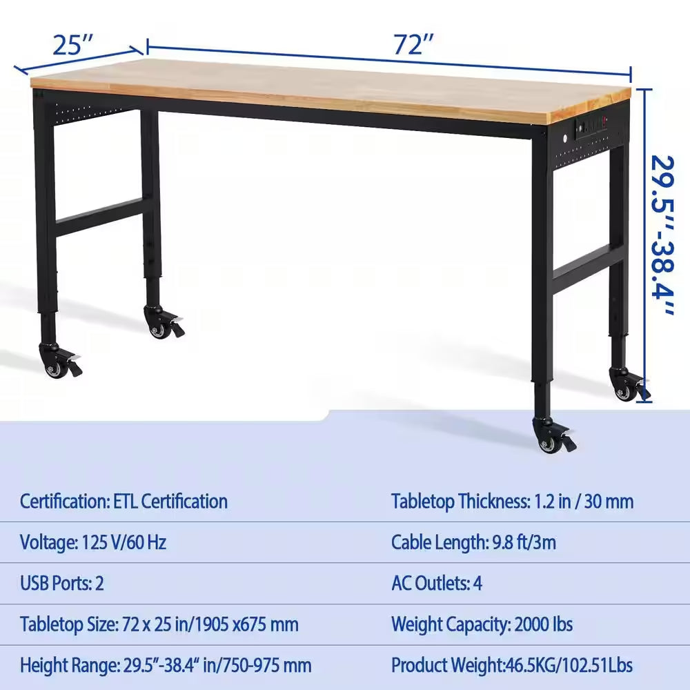 72 In. X 25 In. Adjustable Workbench 2000 Lbs. Load Capacity, Height 29.5 In. -38.4 In. Solid Wood Top Carbon Steel Legs